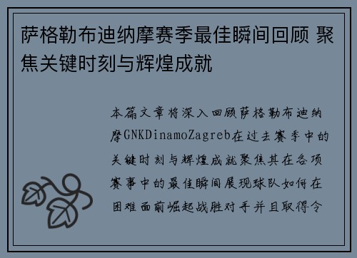 萨格勒布迪纳摩赛季最佳瞬间回顾 聚焦关键时刻与辉煌成就 萨格勒布迪纳摩赛季最佳瞬间回顾 聚焦关键时刻与辉煌成就