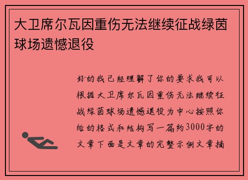 大卫席尔瓦因重伤无法继续征战绿茵球场遗憾退役